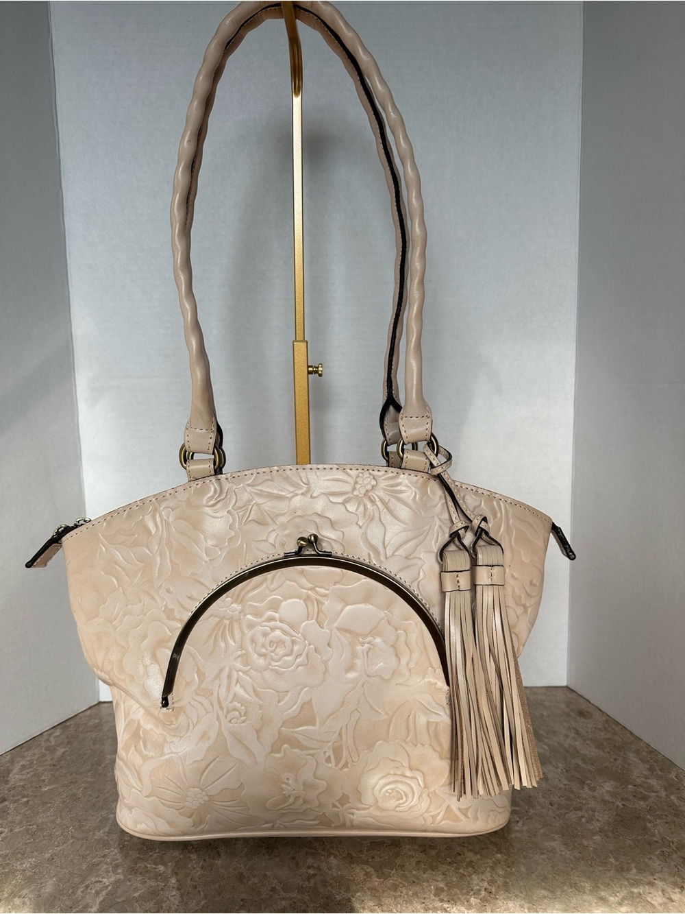 Patricia Nash Embossed Floral Leather Shoulder Bag Cream Ivory Tassel Boho Chic